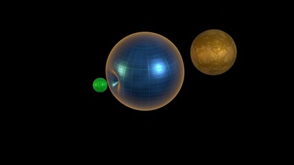 Two moons orbiting liquid planet. Tidal forces. Solid spherical objects gravitational pull influence
on liquid sphere. Small balls orbit and deform larger one. 3d render illustration.