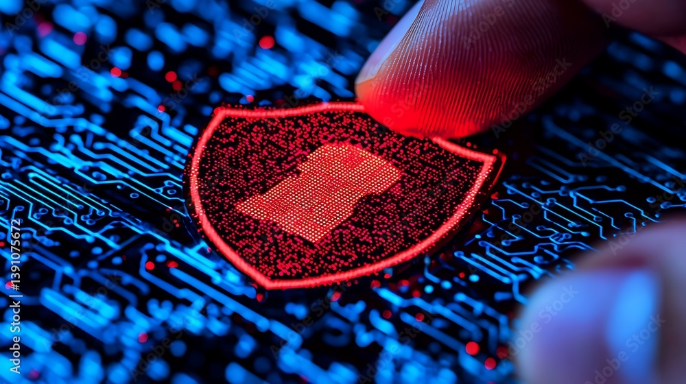 Poster finger pressing glowing shield icon on digital circuit board, symbolizing secure technology interfac