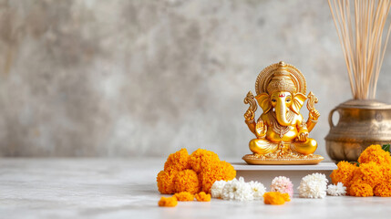 Spiritual symbolism and devotion with golden idol of lord ganesha for religious and cultural celebrations