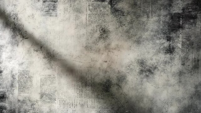 Antique newspaper backdrop, black-and-white gritty paper texture, patterned newsprint design, black and white grunge wallpaper motif with distressed textured areas.