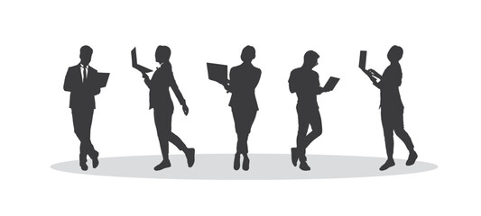 Silhouettes of diverse business people standing with laptop, men, women full length using computer. Modern technology concept. Vector illustration isolated on white background.