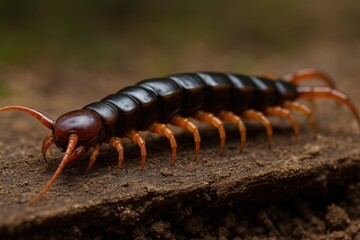 Fototapeta premium a giant centipede traversing a gritty, natural terrain composed of dry soil, scattered pebbles, and aged wood fragments