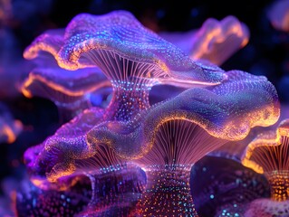 Glowing Mushroom Clusters with Vibrant Bioluminescence in Purple and Orange Tones