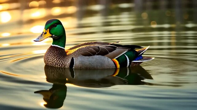 Mallard glides effortlessly on shimmering water, with golden rays reflecting on gentle ripples. Its vibrant feathers contrast beautifully against the radiant surface, evoking a sense of peace,