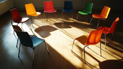 Colorful chairs arranged in a circle, suggesting a group discussion or therapy session. Sunlight streams through the window, casting shadows on the light-colored wooden floor