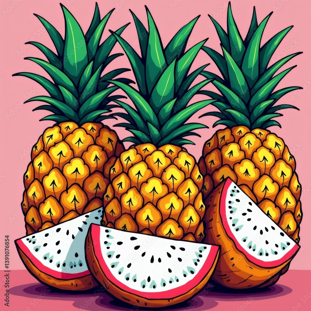 Poster three pineapples their leaves still attached arranged triangular formation one pineapple center two 