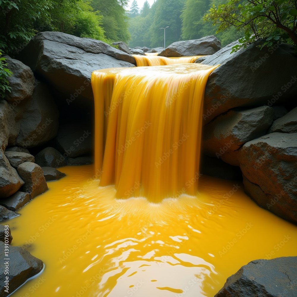 Poster small waterfall cascading down rocky cliff forest water bright yellow color appears flowing over roc