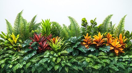 Lush green tropical bushes ferns in a vibrant setting isolated on a white background