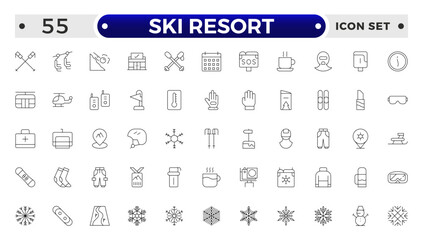 SKI Resort outline icon collection. Set skiing stylized and mountain.