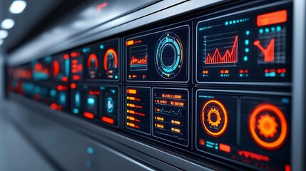 Futuristic Control Panel Interface: Advanced Technology Displays with Charts and Gauges for Monitoring and Data Analysis, Dark Setting.