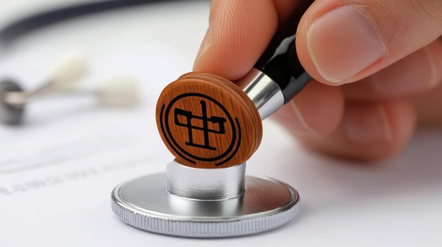 Doctor stamping medical document, stethoscope nearby, office setting, healthcare approval
