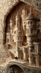 Obraz premium Majestic Medieval Castle Architecture: Intricate Sculptural Details and Decorative Artistry in a Surreal Fantasy Landscape