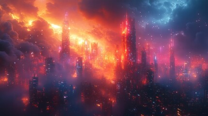 Obraz premium Fiery futuristic metropolis engulfed in dramatic, stormy clouds