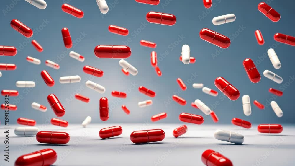 Poster red capsule pills falling on a backdrop with blank space.