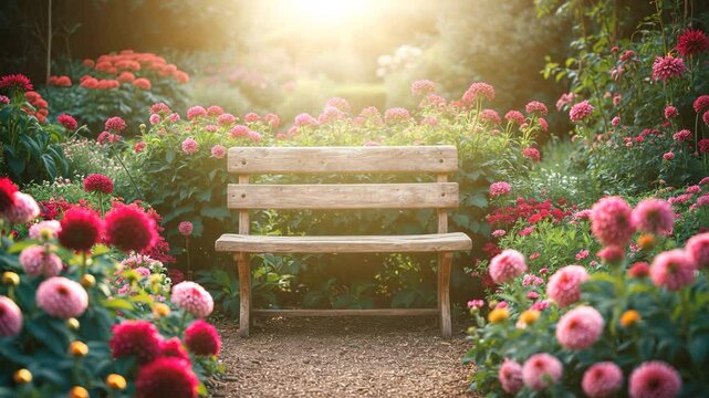 Garden bench and table surrounded by flower beds rich with heleniums and dahlias.