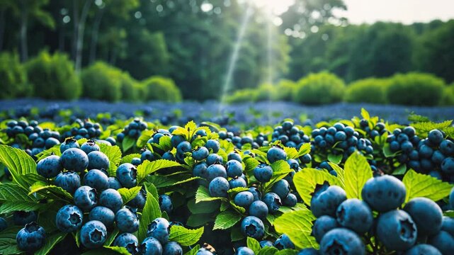 Blueberry plants in rows abundant with large, ripe blueberries at a u-pick farm, nutritious organic fruit essential for a healthy lifestyle and diet.