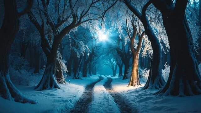 Mysterious fairy forest. Winter landscape. Dark fantasy backdrop. Snowy enchanted park.