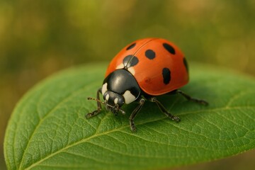 Fototapeta premium a seven-spotted ladybug (Coccinella septempunctata) crawling across a green leaf. Its bright red elytra (wing covers) display seven distinctive black spots, contrasting sharply against the vivid green