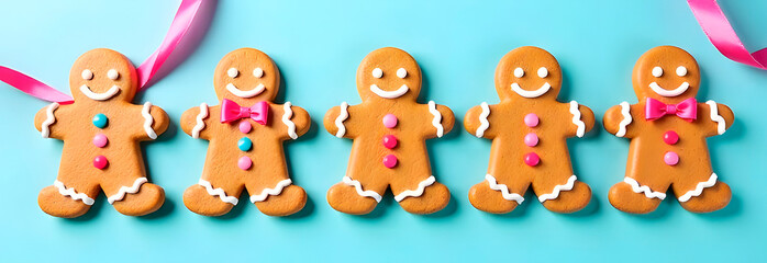 Obraz premium Gingerbread men cookies decorated with icing and candies on a vibrant turquoise background, tied with pink ribbons, creating a festive atmosphere