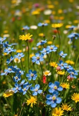 Obraz premium Vibrant blue forget-me-nots bloom amidst a sunny meadow of wildflowers, nature, wild, meadow