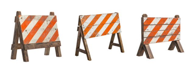 Vintage Wooden Barrier Traffic Signs with Orange and White Stripes