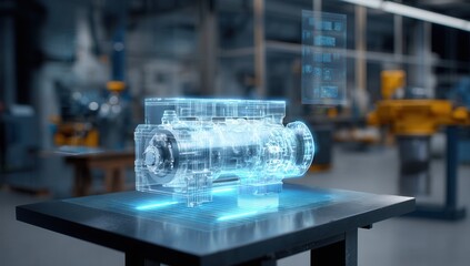 Futuristic 3D holographic engine model in a high-tech workshop.