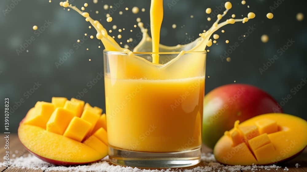 Poster glass orange juice being poured into glass placed wooden table few slices mango scattered around bac