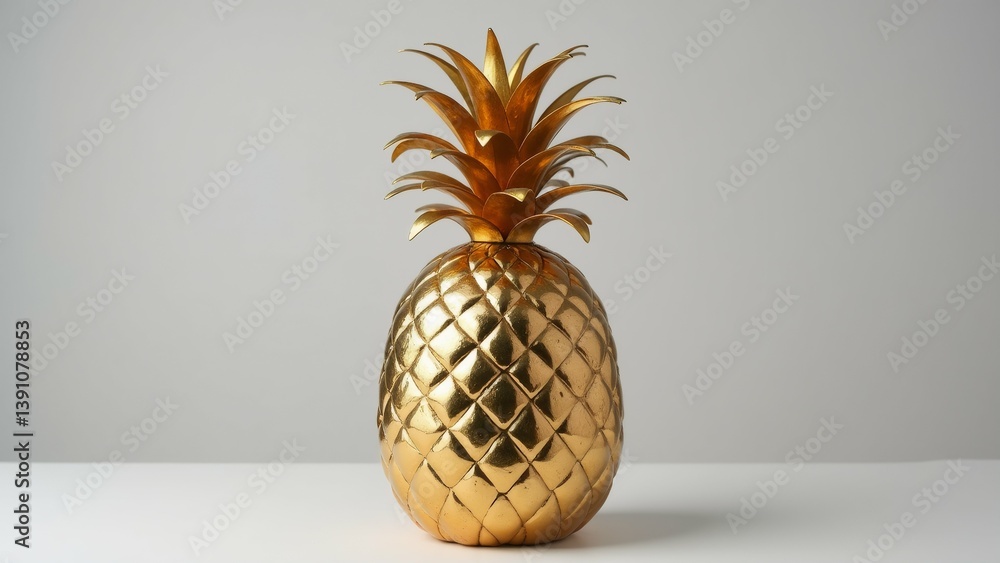 Poster pineapple shaped vase vase shiny gold material has diamond like pattern its surface top vase has lon
