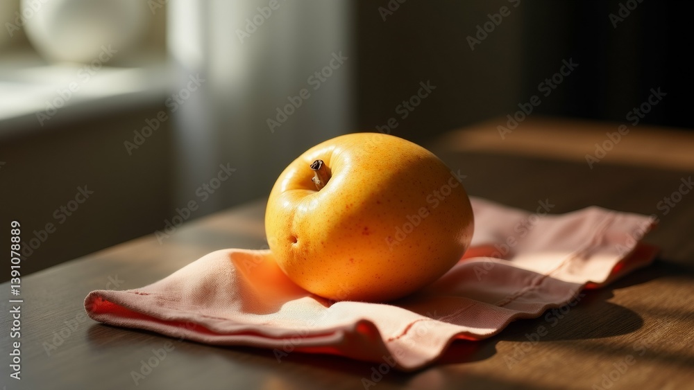 Poster single orange apple resting pink napkin wooden table apple focus while background blurred appears ki