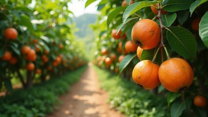 row orange trees ripe oranges hanging their branches trees full bloom oranges bright orange color background blurred appears garden farm dirt path winding through trees sky blue overall mood peaceful