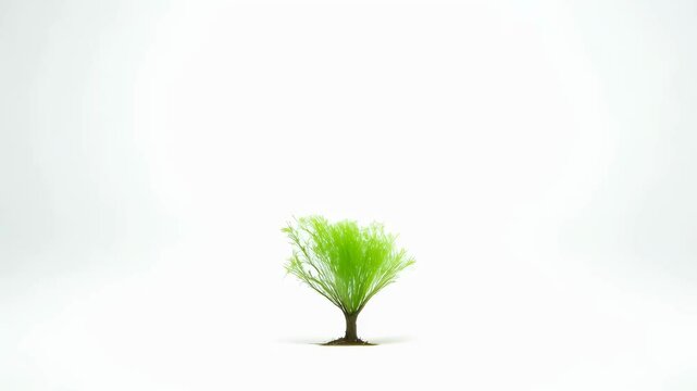 Tree growing in white studio background, nature time lapse footage, motion concept, green leaves, isolated plant evolution