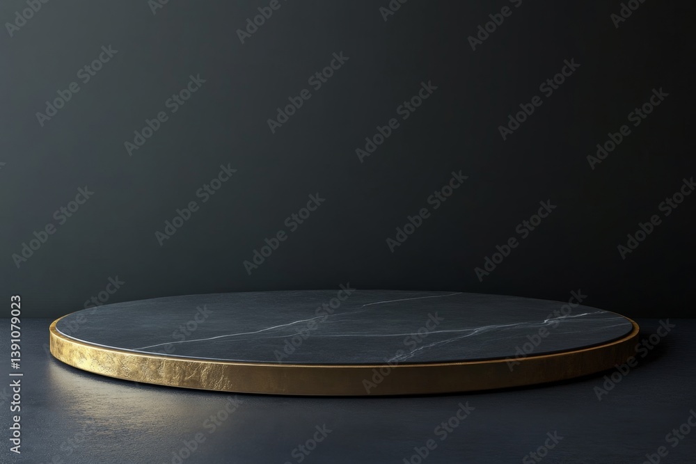 Poster dark marble podium with gold trim. empty display platform for products