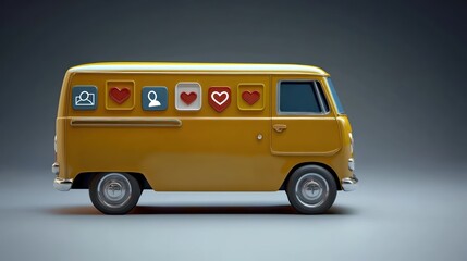 Yellow van with social media icons delivers online love, studio shot