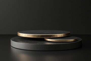 Dark, modern, minimalist display podium.  Two circular, layered platforms, dark gray with gold accents, on a dark background.  Elevated, elegant, and sophisticated aesthetic for product presentation