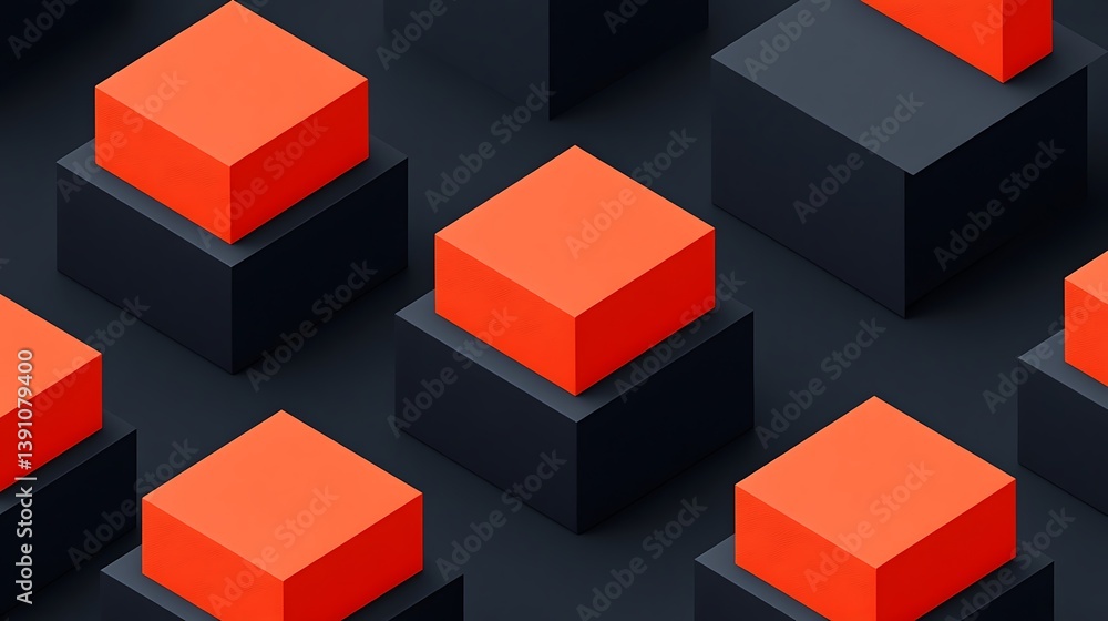 Poster abstract geometric pattern of stacked cubes. dark gray and orange cubes arranged in a repeating patt