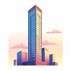 Obraz premium Modern Skyscraper Cityscape: Vibrant Urban Architecture and Real Estate Investment at Sunset in Digital Art Illustration