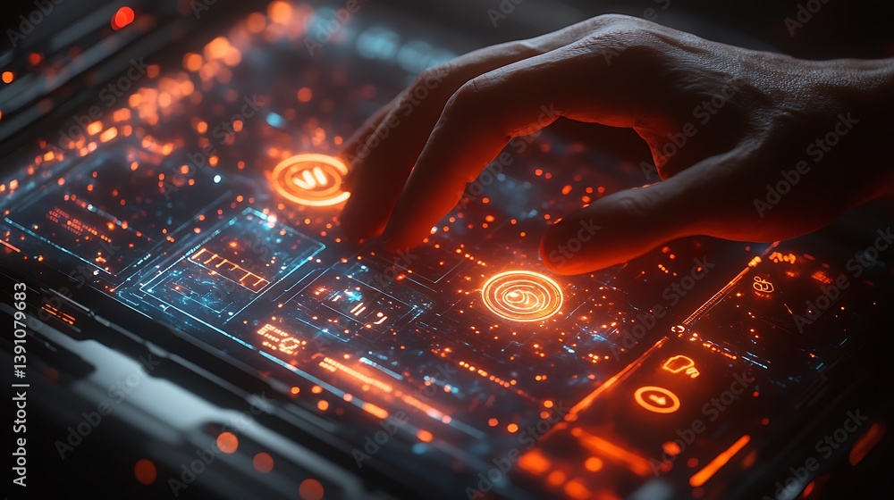 Poster hand interacting with glowing futuristic interface, connecting with advanced technology, touching ho