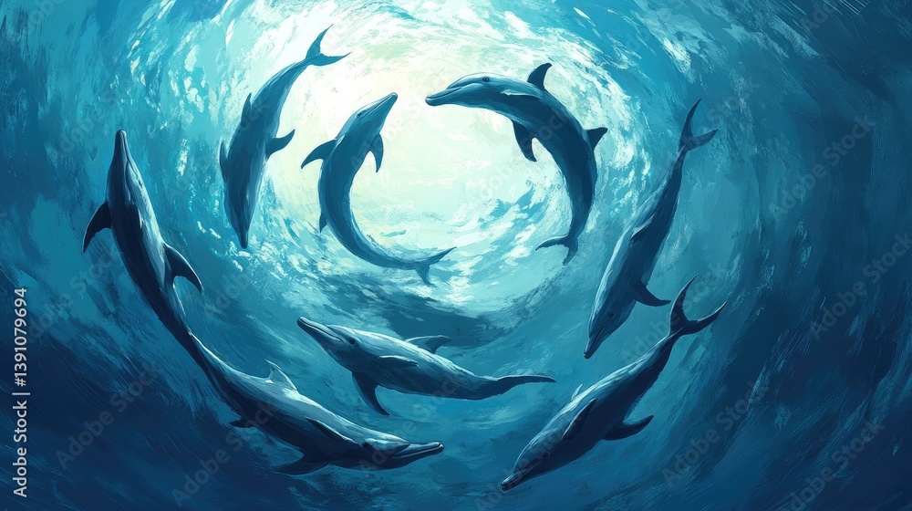 Aufkleber an aerial view of dolphins swimming in a circular formation in the clear blue waters of the ocean, c