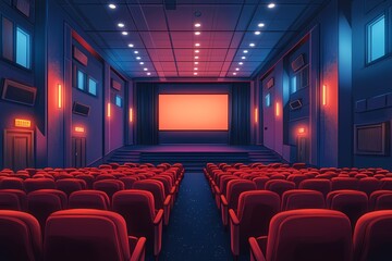 Modern Cinema Theater with Red Chairs and Symmetrical Layout: A Cinematic Experience with Artistic Interior Design and Warm Lighting