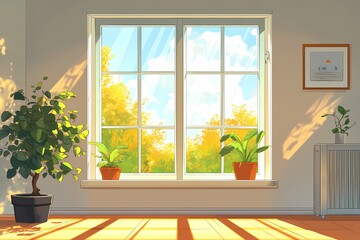 Modern Interior with Vibrant Artwork and Sunlit Greenery: A Cozy and Peaceful Home Scene