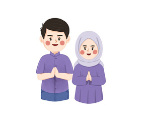 Smiling Muslim Couple in Purple, Traditional Greeting