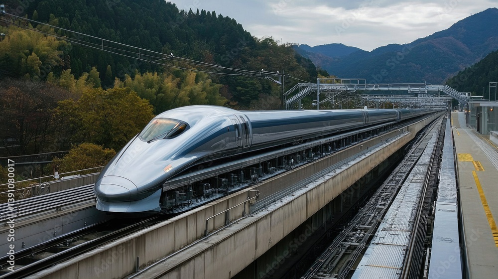 Poster an image of a high-speed bullet train on a dedicated track, showcasing advanced technology and speed