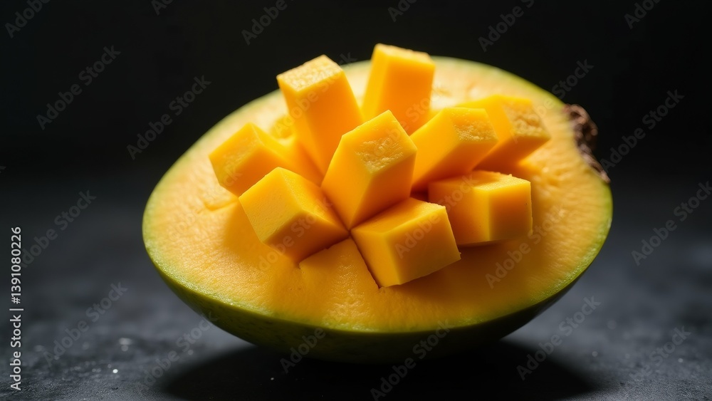 Poster close sliced mango black background mango cut half revealing yellow flesh inside flesh arranged circ