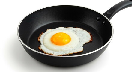 A freshly cooked sunny-side-up egg sits sizzling in a black frying pan, its golden yolk gleaming against the cooked white, ready to be served.