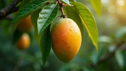 close single orange fruit hanging tree branch fruit round plump slightly wrinkled texture covered small droplets water indicating has recently rained branch covered green leaves fruits visible