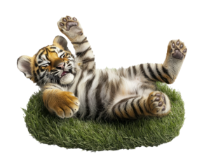 Playful Baby Tiger on Grass with Adorable Expression and Outstretched Paws