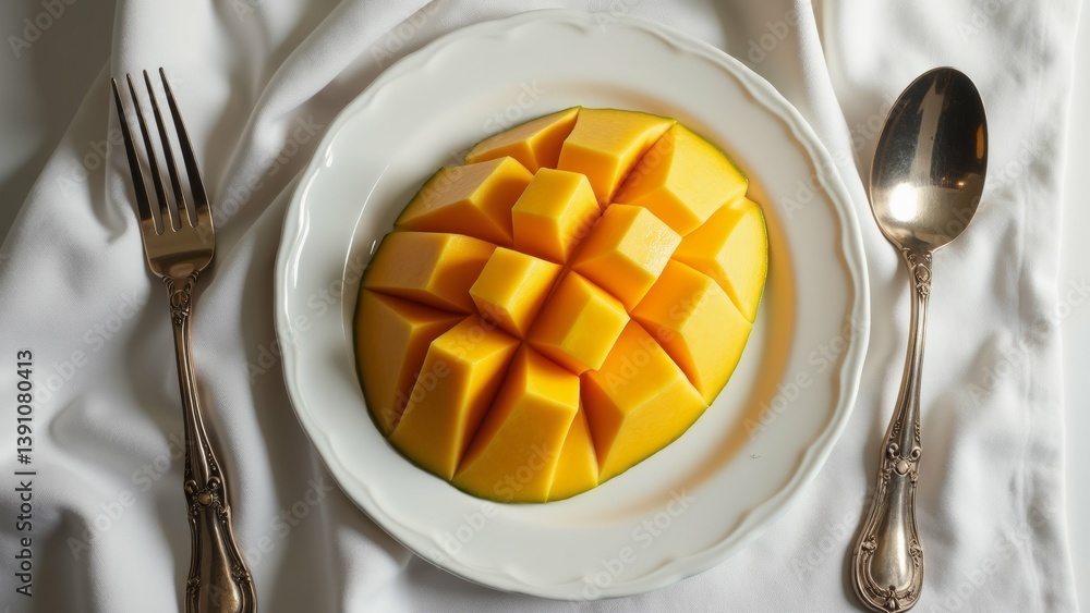 Poster white plate sliced mango mango cut into small cubes arranged circular pattern plate plate placed whi