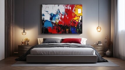 A bedroom featuring a modern platform bed with a sleek design, accompanied by minimalist decor and a large abstract painting above the bed.