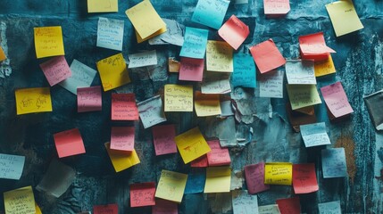 A brainstorming session with sticky notes on a wall, each note representing different opinions and ideas, showcasing the collaborative nature of idea generation.