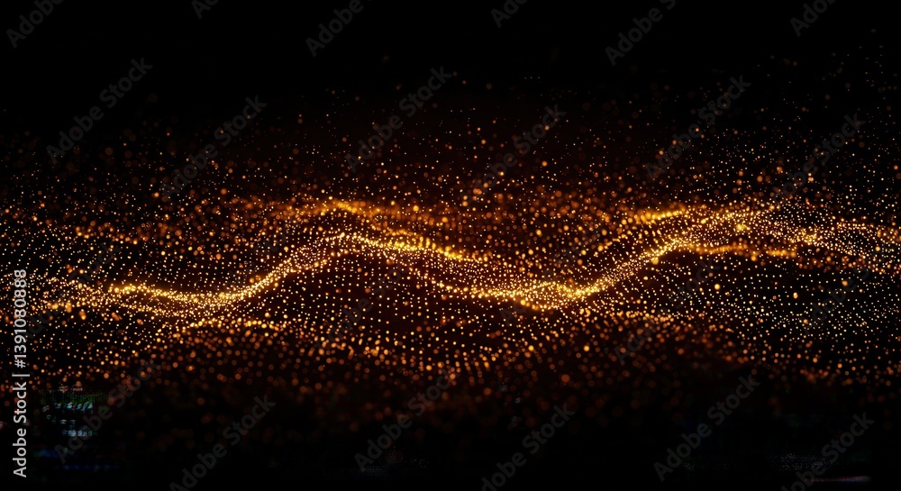 Poster Abstract Golden Particle Wave Flowing on Black Background Beautiful Design